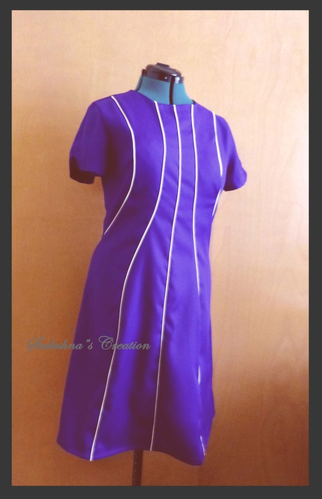 Satin Back Crepe Dress with White Piping Stipes